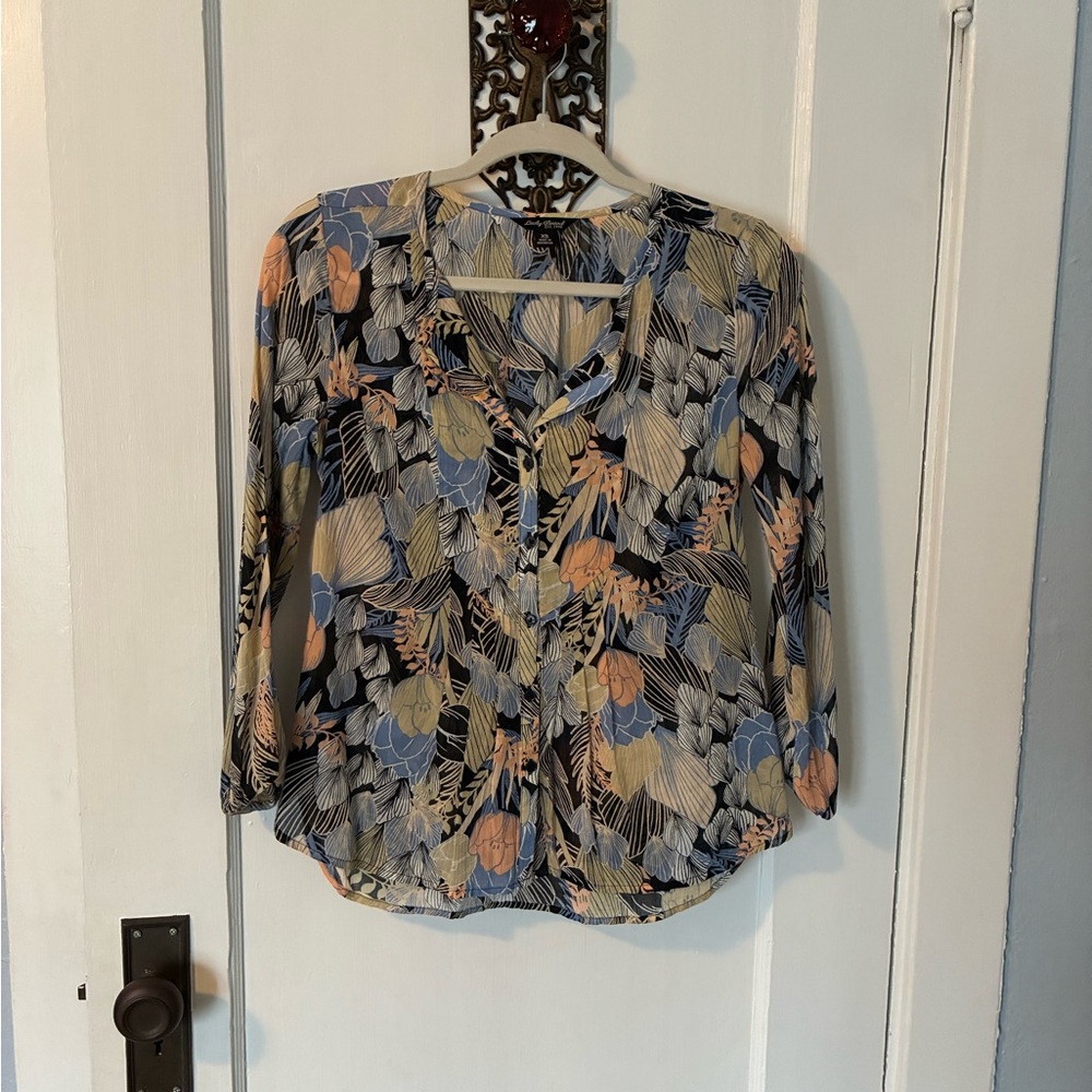Lucky Brand Navy Floral Button-Front Shirt with Blue and Peach Blooms